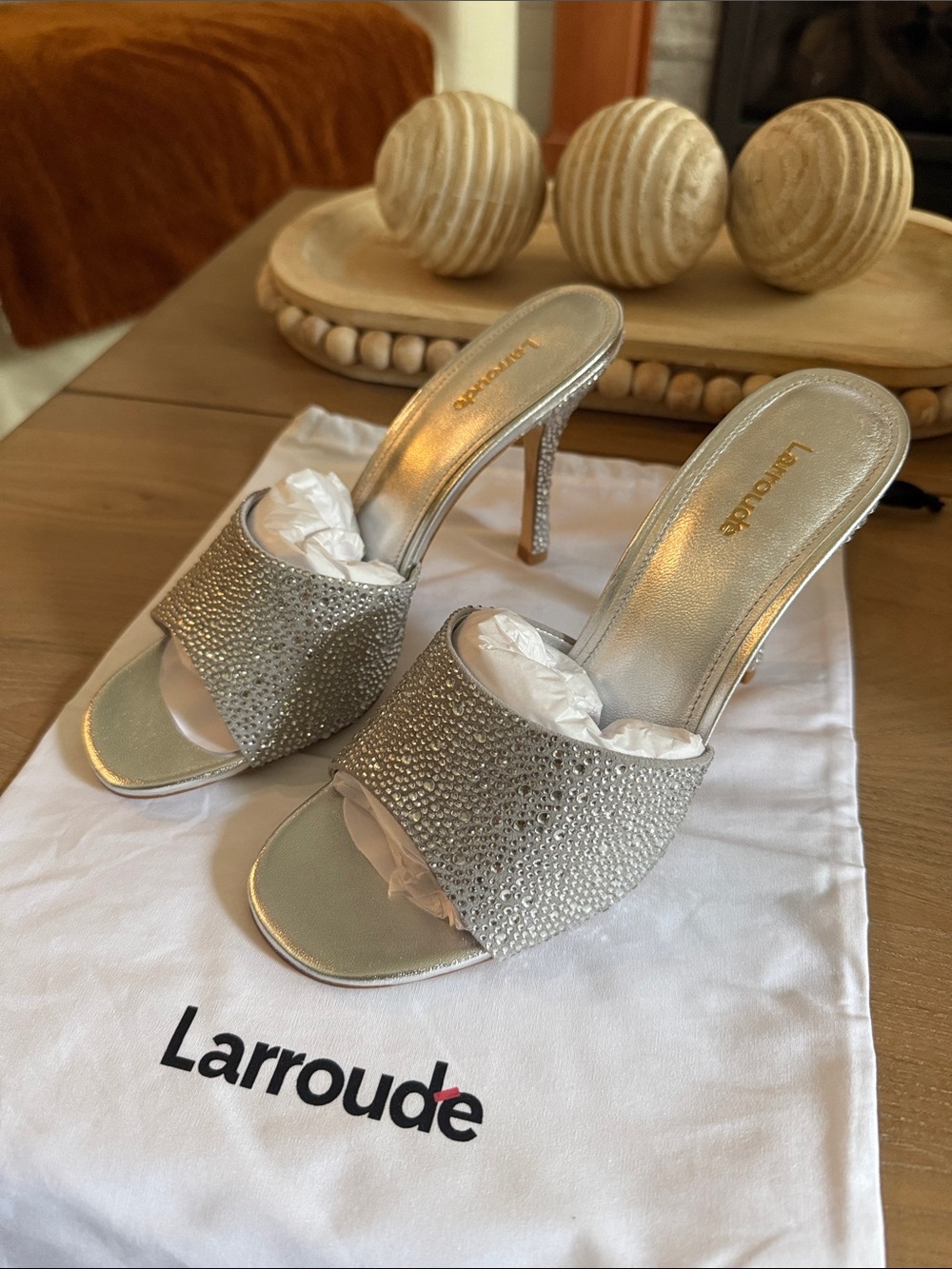 Larroude Silver Crystal Slide Heels